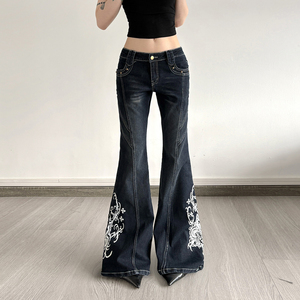 Jean en denim évasé taille basse respirant style Y2K vintage, imprimé floral foncé contrastant, streetwear - Product Image 6