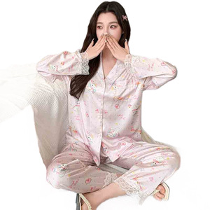 Conjunto de Pijama con Encaje y Estampado para Mujer, Suave, Transpirable, de Manga Larga, Informal, Ligero para el Hogar - Product Image 5