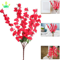 Fleur de cerisier artificielle 7 tiges Plante domestique Plante de prunier Branches de soie Fleurs rouges pour la maison Décoration de table de famille de fête de mariage