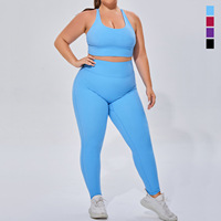Ensemble de yoga côtelé 2 pièces pour femmes grandes tailles : soutien-gorge de sport à col carré et leggings taille haute – Tenue de sport personnalisable avec logo
