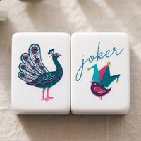 Jeu de Mahjong américain 4 couches à rayures motif paon oriental, tuiles en acrylique blanc, vert, bleu, beige, cadeau de Mahjong pour fête ou mariage