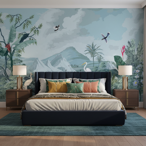 Papier peint mural auto-adhésif imperméable <span class=keywords><strong>pour</strong></span> la décoration de la maison, <span class=keywords><strong>bleu</strong></span> ciel, oiseaux, paysage tropical, botanique, vintage - Product Image 2