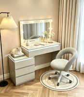 Coiffeuse moderne blanche avec miroir LED, tiroirs de rangement, armoire latérale et tabouret rembourré pour chambre à coucher