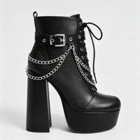 Bottines noires à plateforme pour femmes, bout rond, lacets, chaîne métallique, boucle, talon bloc épais, fermeture éclair arrière, style gothique punk