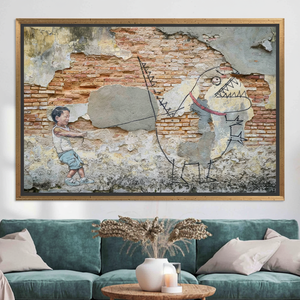 Modern Boy and Dinosaur Graffiti Print <b>Canvas</b> Artwork - Vibrant Decor Piece,GOLD <b>FRAMED</b> <b>CANVAS</b> - Product Image 3