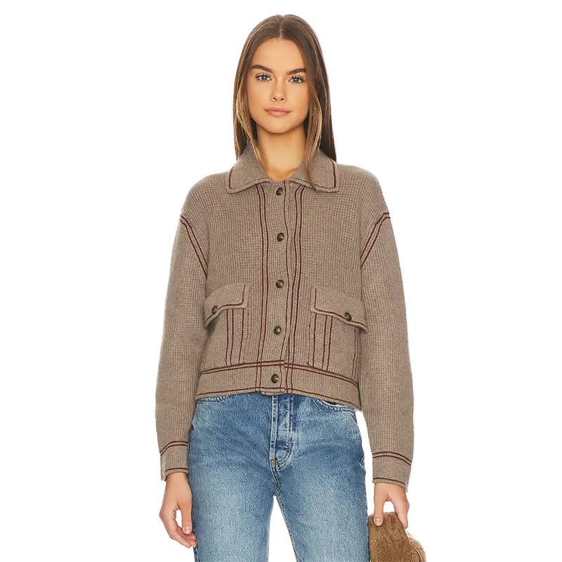 Oversized biker jacket long sleeve turn down collar contrast stitching knit women sweater