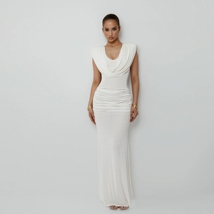 Ghh10246-2025 mùa thu Mới Bộ sưu tập eo màu rắn xếp li cổ Áo Đầm - Product Image 1