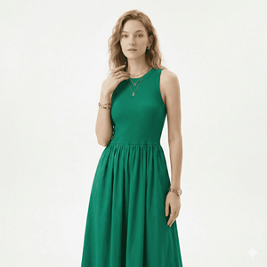 Robe longue maxi plissée unie à taille haute, sans manches, col rond, vert décontracté, pour femme, personnalisable OEM, idéale pour l'été - Product Image 1
