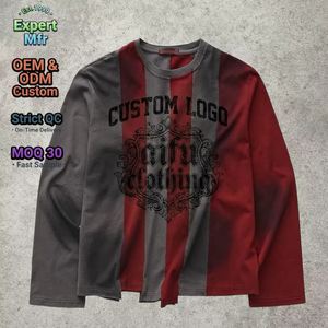 T-shirt personnalisé imprimé, streetwear épais, vintage délavé à l'acide, coupe oversize, pour homme, coupé-cousu, manches longues effet vieilli - Product Image 1