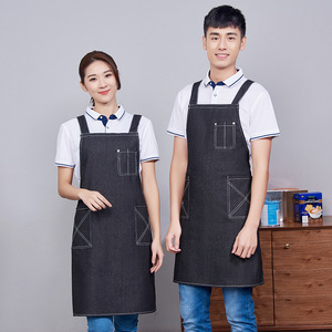Denim Double Shoulder <b>Apron</b> <b>Black</b> Polyester Restaurant Bar Workwear Antifouling - Product Image 1