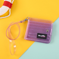 Dompet Kartu Lipat Transparan Glitter Pink untuk Wanita, Dompet Leher Plastik PVC Bening