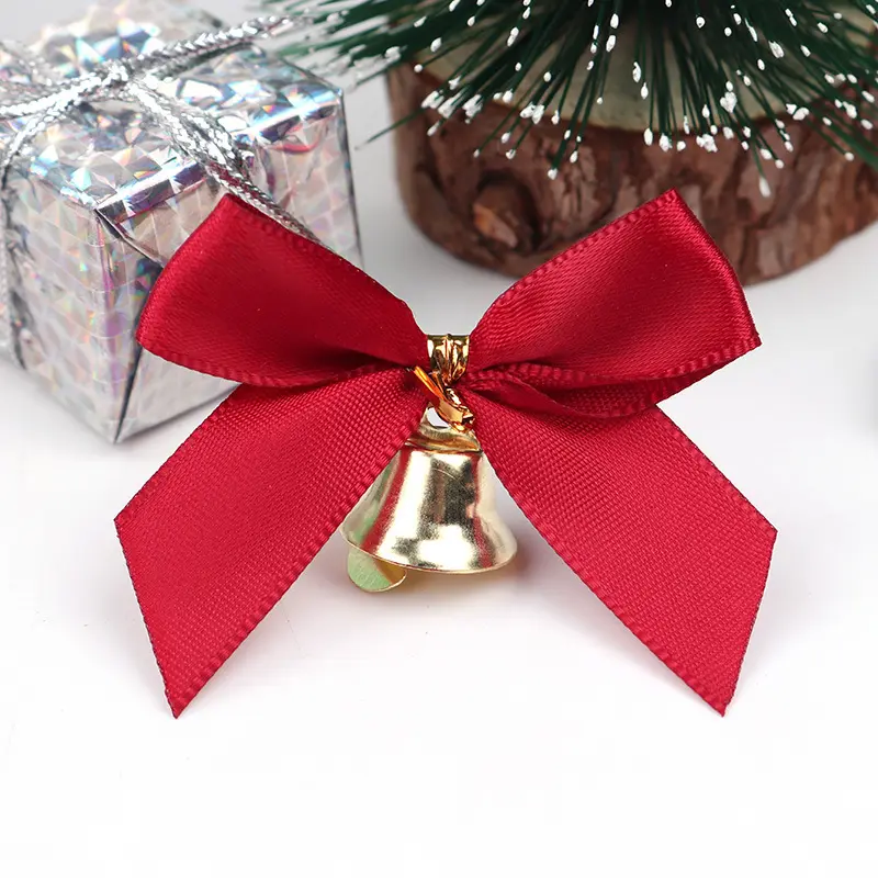 Mini lazo de satén de 6cm, cinta de decoración de regalo, adorno de campana personalizado de navidad roja, lazo pequeño de Navidad