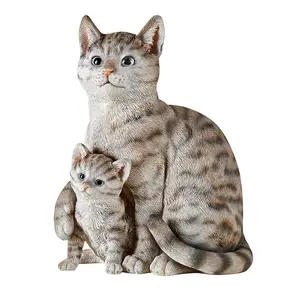 Estátua de resina pintada de gato e gatinho, estatuetas de animais, decoração de casa