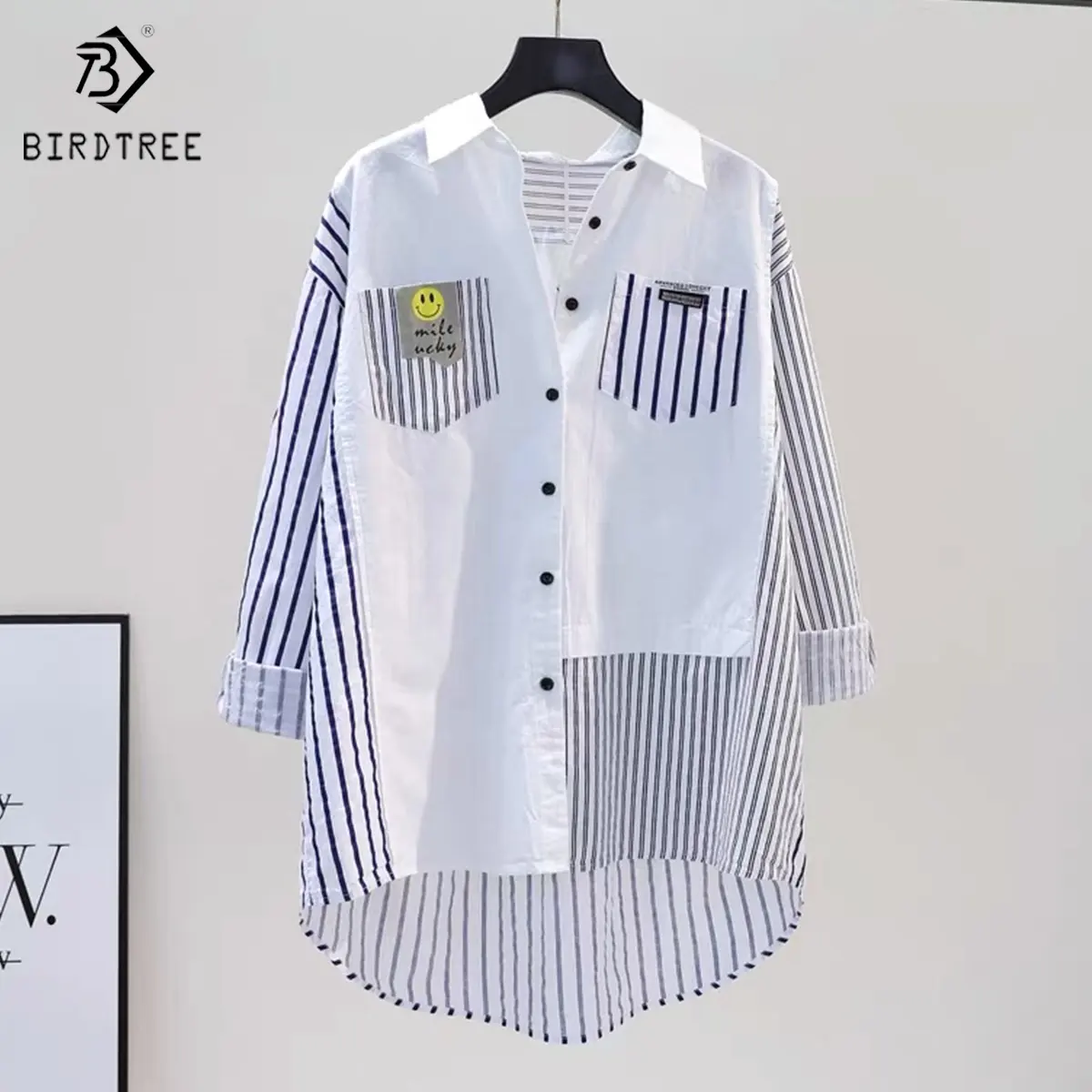 Medium Long Shirt Woman 2022 Spring New Loose Patchwork Emboridery Long Sleeves Pocket Cotton Blouses Shirts Tops For Au T31505X