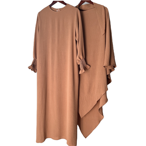 Oferta Especial: Conjunto de Dos Piezas de Dubái, Abaya Ligera Informal de Color Sólido en Poliéster con Hiyab para Oración de Otoño y Uso Diario - Product Image 1