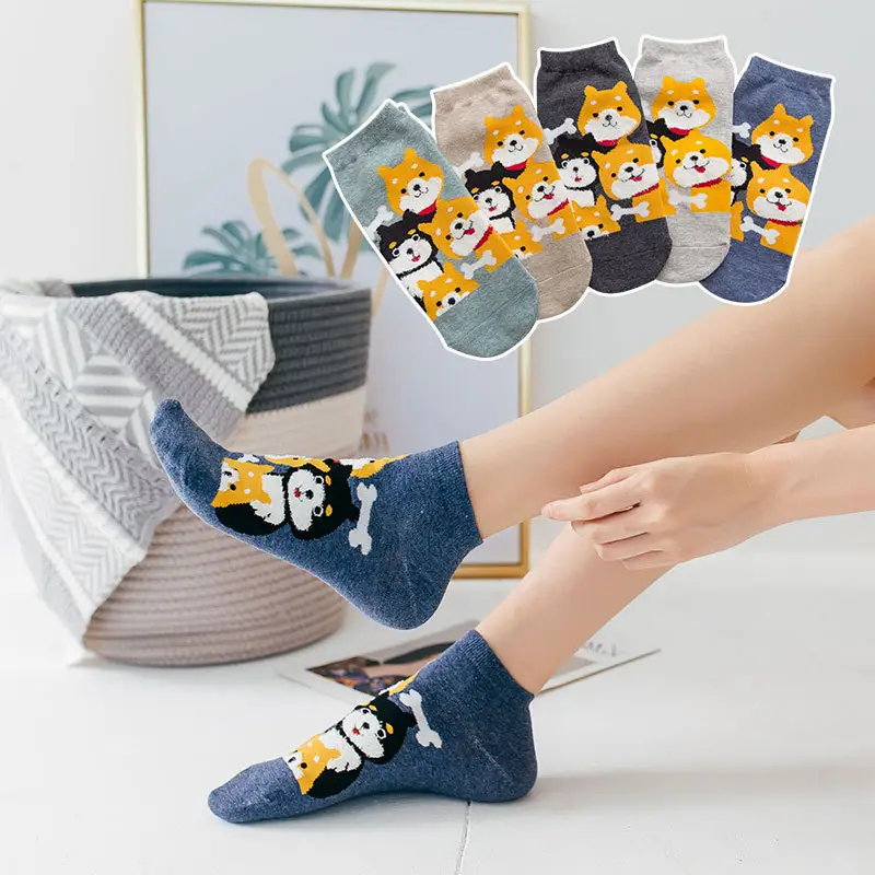 Chaussettes mignonnes en coton pour femmes, motif de chien Shiba Inu, impression 3D, dessin animé coréen mignon, chaussettes en coton pour femmes