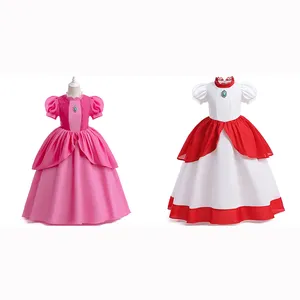 Cosplay Costumes Cartoon Lovely Mario Peach Princess Dress Girl Waistband Puffy Bubble Sleeve Crown Headband Pretend Play Toy