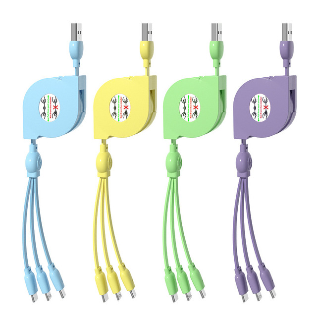 Colorful Macaron Bracket Retractable One-to-three 3A Charging Cable for Android Apple TYPE-C 3 in 1 Fast Charge USB Cable