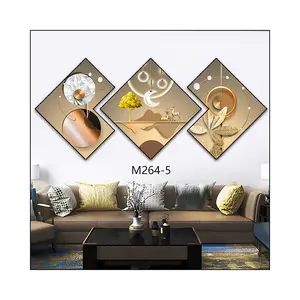 Golden 3 Piece Crystal Porcelain Painting Wall Art Frame With Glass For Decorative Gift Item Digital Reprint For Home Decor