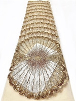 Tissu en dentelle à sequins à motif éventail dégradé, broderie perlée de qualité supérieure sur maille pour robe de soirée haut de gamme européenne, robe de mariée et couture