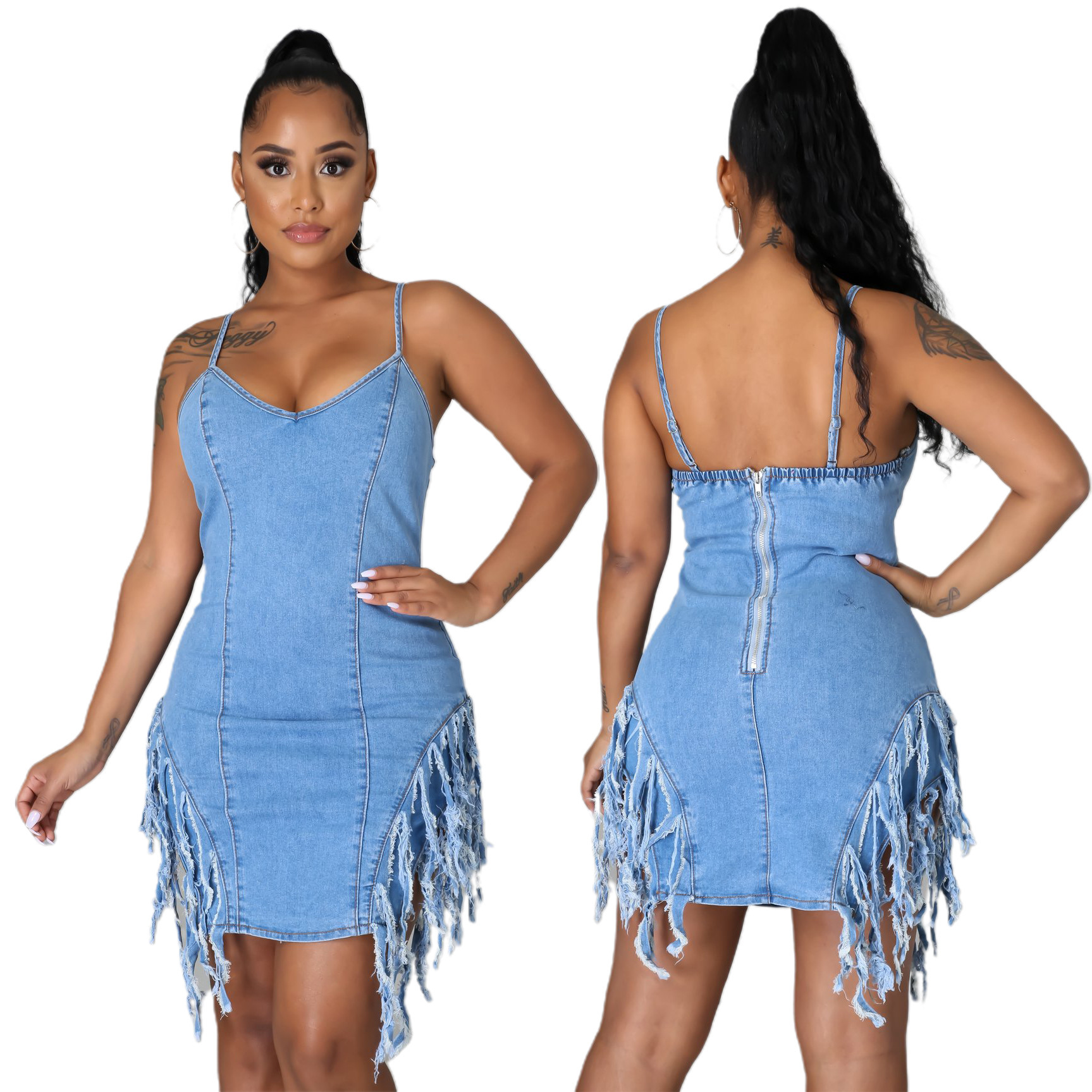 denim dress v neck strappy dress