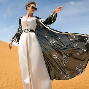 Arabic black and white flower embroidery two-piece women's long dress applique Muslim clothing abaya dress