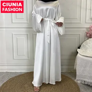 6622 # מדהים רך סאטן העבאיה עם התלקח שרוולים פשוט אך אלגנטי Flowly ארוך לבן שמלה עם בטנה מלאה דובאי העבאיה