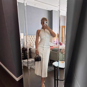 Vestido Casual 2026 de Verano para Mujer, Estilo Europeo y Americano, Cárdigan con Solapa, Sexy, Ajustado, Color Sólido - Product Image 6