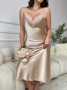 Camicia da Notte Elegante a Quadri per Donna, Taglia Grande, in <span class=keywords><strong>Raso</strong></span>, Abbigliamento da Casa, Vestito con Spalline e Cuciture in Pizzo, Corto per l'Estate, Cross-Border - Product Image 6