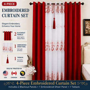 4-teiliges Set aus bestickten, transparenten Vorhängen mit Quasten und Ösen, Verdunkelungsvorhänge für das Wohnzimmer - Product Image 1