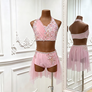 Pink Rhinestone Two Piece Lyrical Dance Costume Girls Crop Top Asymmetrical Tulle <b>Skirt</b> Set for Contemporary Lyrical Dance - Product Image 3
