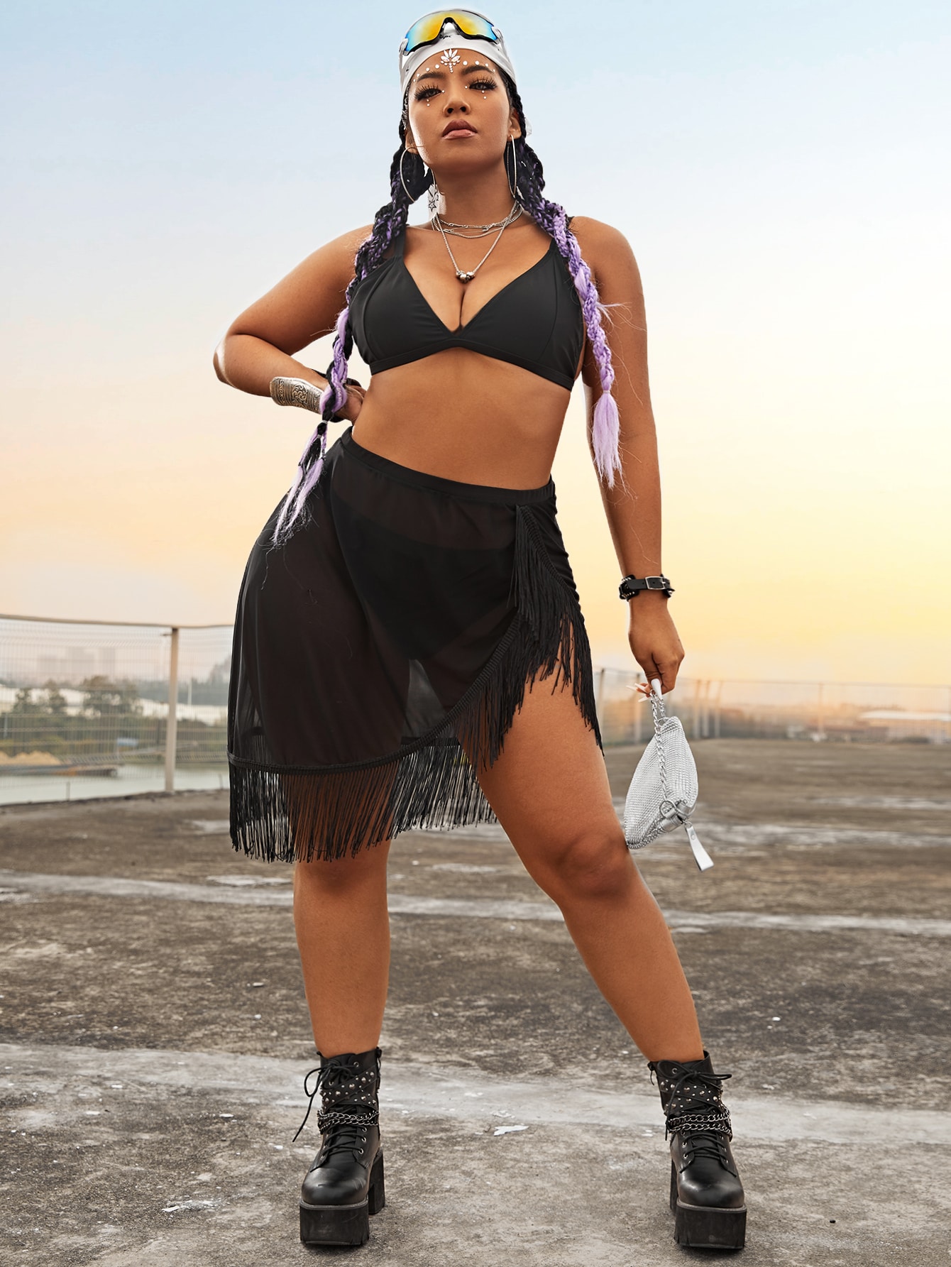 2022 new women's swimsuit sexy black Plus Size Swimsuit tassel blouse swimsuit three piece set