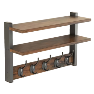 Étagère murale multifonction vintage en bois massif noir sablé rectangulaire avec 5 crochets en fer, élégante et robuste - Product Image 1