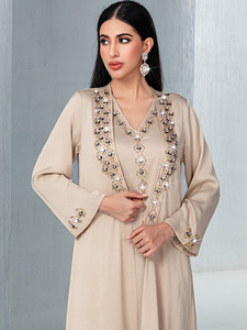 Vestido modesto musulmán de Dubái cosido a mano con diamantes de imitación marroquíes Kaftan Abaya vestido de oración transpirable de dos piezas para Oriente Medio - Product Image 5