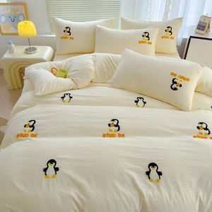 Parure de lit pinguin jaune, housse de <span class=keywords><strong>couette</strong></span> 4 pièces, motif floral tissé, 100% polyester, anti-boulochage, design mignon de dessin animé, pour enfants, maison - Product Image 3