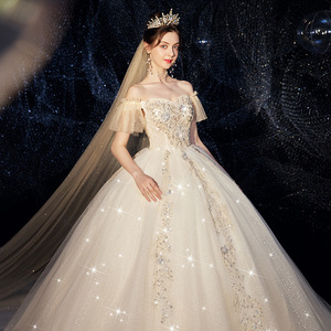 Wedding Dress Off Shoulder Sweetheart Empire Waist Floor Length Tulle Princess Style Plus Size Bridal Gown With Starry Train - Product Image 4