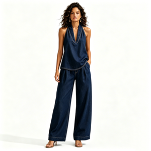 Nouvel ensemble 2 pièces en jean minimaliste pour <span class=keywords><strong>femme</strong></span> 2026 – Haut sans manches à col licou et pantalon large – Tenue décontractée et tendance pour les voyages - Product Image 4