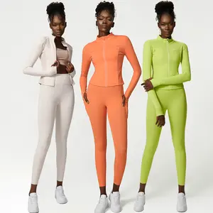 Compression Active Wear 2 Piece Set Yoga Pants Pocket Gym Zip Coat Legging Workout Hoodie Jacket Coat With Zipper Women