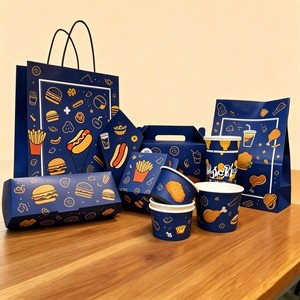 Juego de Empaque Personalizado para Comida Rápida, Set de Cuatro Piezas para Hamburguesas, Pizza y Pollo, Bolsa de Papel para Llevar Personalizada para Cadenas de Restaurantes y Marcas en Apertura - Product Image 1