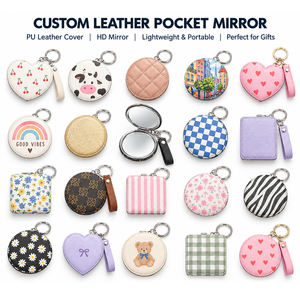 Portable Double Sided Cosmetic <b>Mirror</b> PU Leather Mini Makeup <b>Mirror</b> with Keychain Wrist Strap Custom Logo OEM ODM Wholesale - Product Image 1