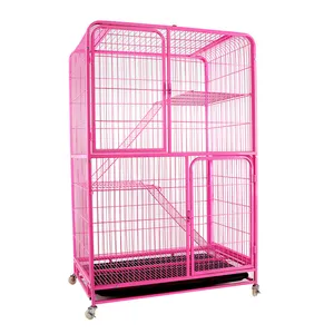 Multiple Sizes Foldable White Pink 3 Layer Condo Cat Metal Breeding Cage Collapsible Wire Large Pet Cat Cages with Wheels