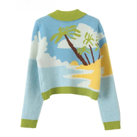 Großhandel Maßgeschneiderte Damen-Strickjacke mit Tropenmuster, Palm-Beach-Design, Knopfleiste vorne, Polokragen, Langarm, Kontrastbesatz, Blau