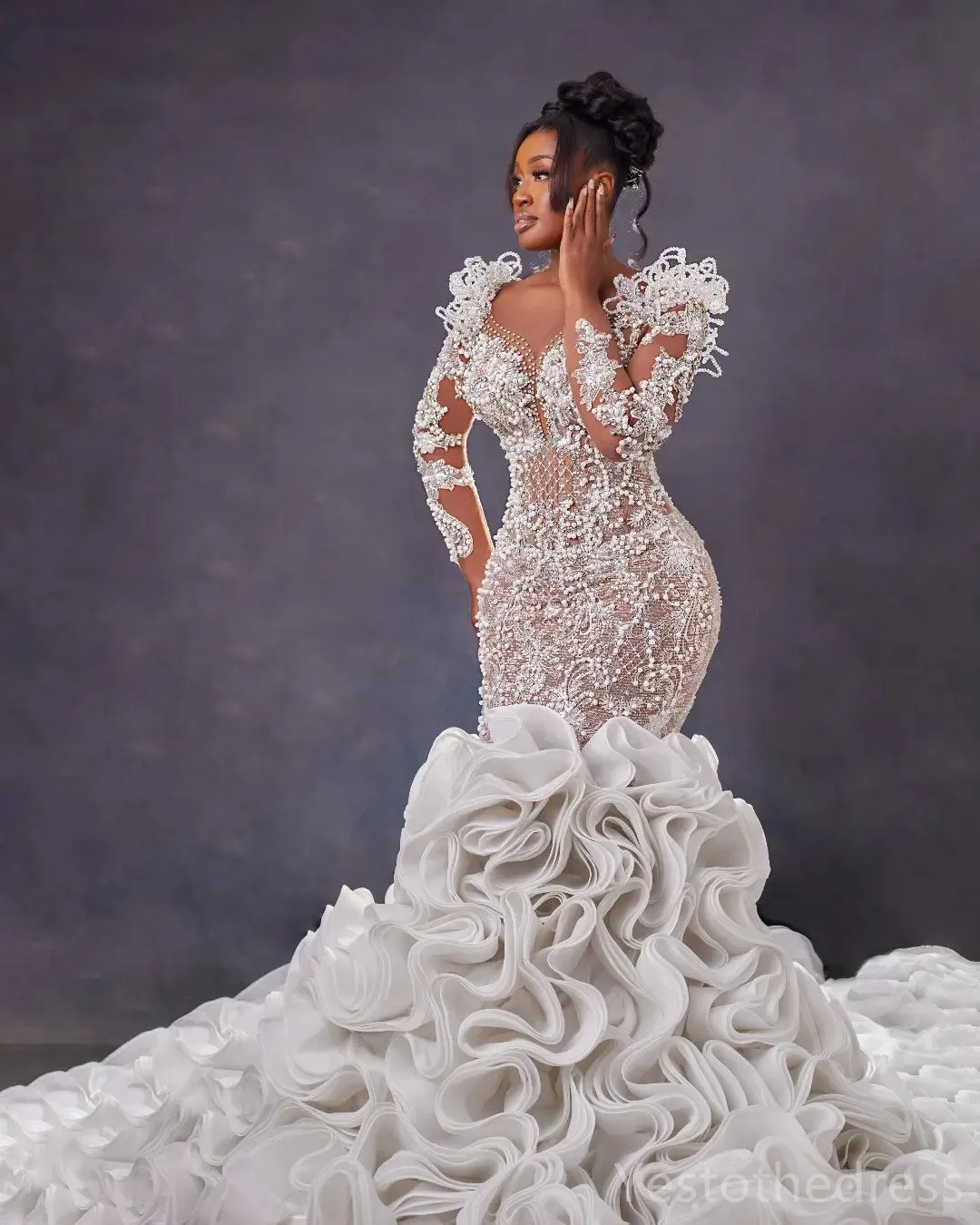 Crystal Bead Long Sleeve Lace Wedding Dress Elegant Luxurious
