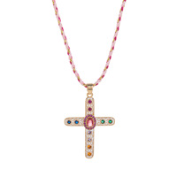 Vente chaude Style Vintage Charme Religieux Croix Pendentif Collier Chaîne À Maillons Polyvalent avec Perle De Zircone Colorée En Gros