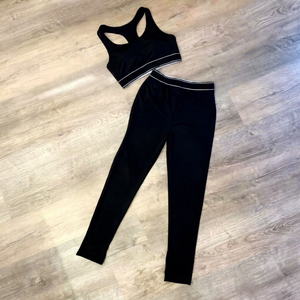 Women's Black Sports Bra & <b>Shorts</b> 2-Piece Set <b>Polyester</b>/Nylon Quick Dry Activewear Knee-Length Gym Workout - Product Image 1