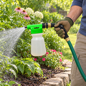 Pulvérisateur d'engrais pour tuyau d'arrosage à rapport réglable avec bouteille et poignée à gâchette pour l'arrosage des pelouses et l'alimentation des plantes - Product Image 1