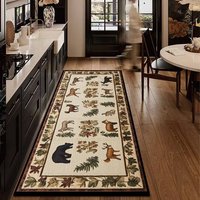 Tapis de couloir rectangulaire en polyester à poils plats motif Élan de la Forêt, avec envers antidérapant en PVC, pour décoration de cuisine et de couloir de style ferme