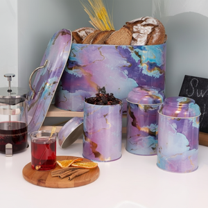 4 Pcs Round Tin Box <b>Kitchen</b> Set Dome Lid Pink and Gold Marble Texture Liquid Purple Design - Product Image 3
