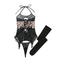Ensemble de lingerie sexy Deeplove noir en maille transparente à imprimé léopard, ajouré, à bretelles et dos nu, avec bas