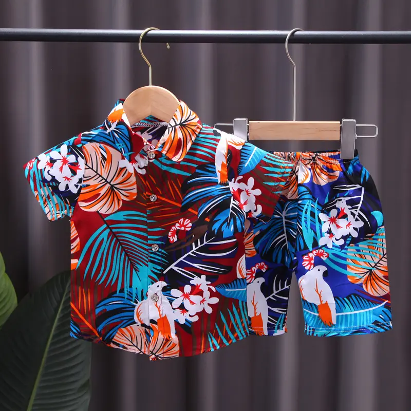 Fashion Beach Style Summer Short Sleeve Shirt+Shorts 2pcs Cotton Print Casual Boy Clothing Set